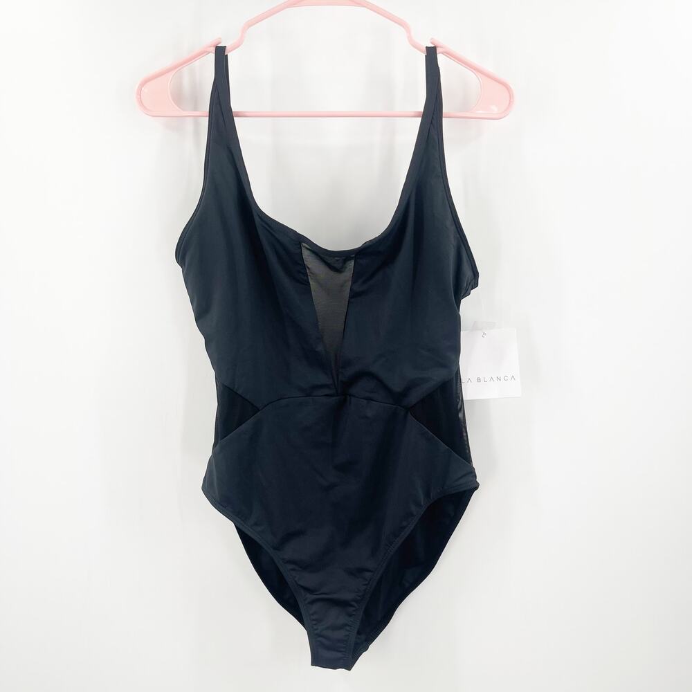 LA BLANCA Swimsuit Size 8 Black NWT Mesh Inset Cutout Swim Low Back Beach resort - Picture 4 of 16